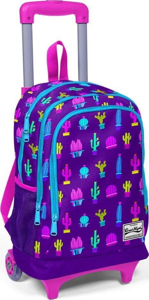 Coral High Kids Mor Kaktüs Desenli Kız Çocuk İlkokul Çekçekli Çanta - Image 1