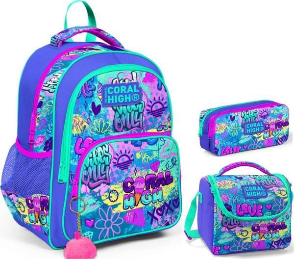 Coral High Lavanta Grafiti Kız Çocuk Üçlü İlkokul Okul Çanta Seti - Image 1