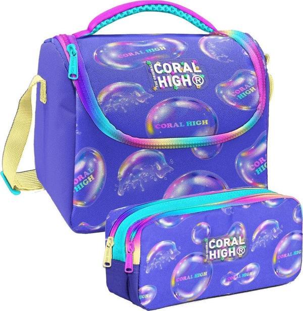 Coral High Lavanta Pembe Baloncuk Desenli Kız Çocuk Isı Yalıtımlı Beslenme Çantası ve Kalemlik Seti - Image 1