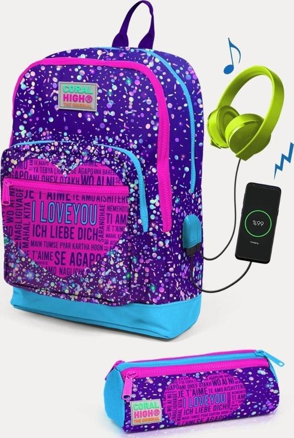 Coral High Kids Mor Mavi Pembe Kalp Desenli USB'li 2'li Okul Çanta Seti - Kız Çocuk - Image 1