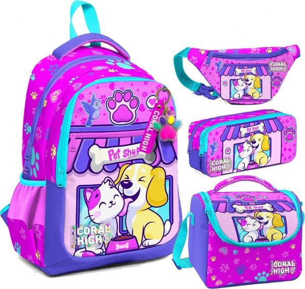 Coral High Kedi Köpek Desenli Kız Çocuk Okul Beslenme Kalemlik ve Bel Çantası Seti - İlkokul İçin Uygun - Image 1