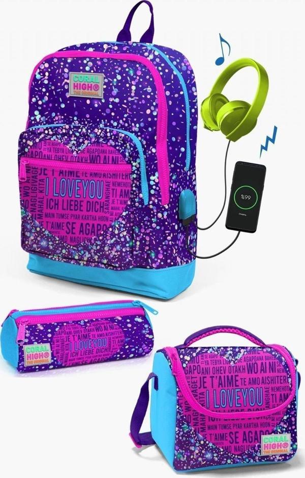 Coral High Kids Mor Mavi Pembe Kalp Desenli USB'li 3’lü Okul Çanta Seti - Kız Çocuk - Image 1