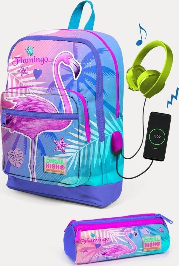 Coral High Lavanta Pembe Flamingo Desenli USB'li 2'li Okul Çanta Seti - Kız Çocuk - Image 1