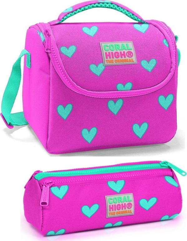 Coral High Kız Çocuk Pembe Kalp Beslenme Çantası Seti - Image 1