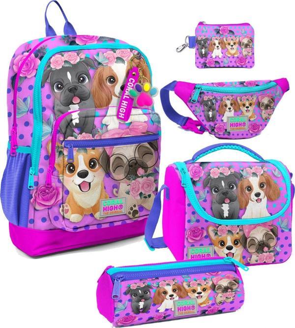 Coral High Kız Çocuk Pembe Köpek Desenli Beşli İlkokul Okul Çanta Seti - Image 1
