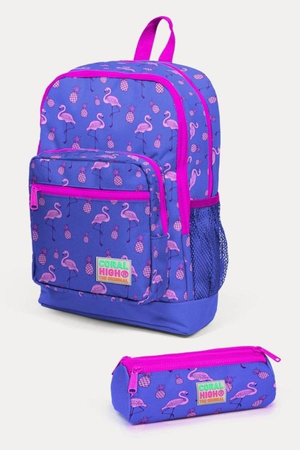 Coral High Kids 2'li Okul Çanta Seti - Kız Çocuk Lavanta Pembe Flamingo Desenli - Image 1
