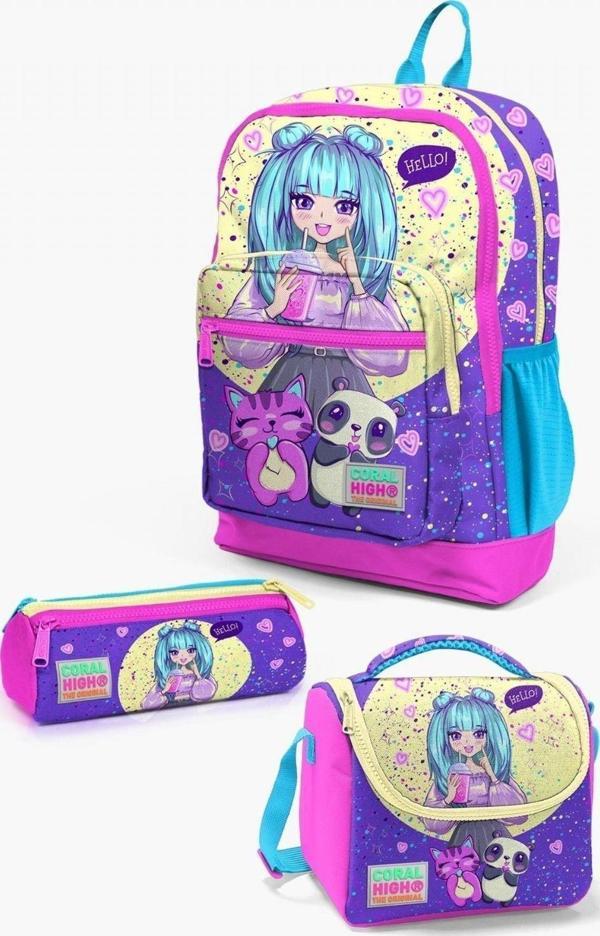 Coral High Kids Mor Pembe Anime Kız Desenli 3’lü Okul Çanta Seti - Image 1