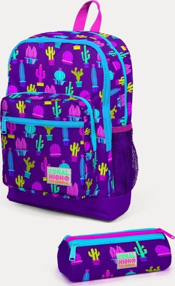 Coral High Kids Mor Pembe Kaktüs Desenli 2'li Okul Çanta Seti - Kız Çocuk - Image 1