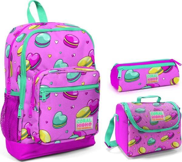 Coral High Makaron Baskılı Kız Çocuk 3'lü İlkokul Çanta Seti - Image 1