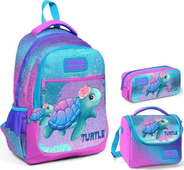 Coral High Kız Çocuk Pembe Mavi Kaplumbağa Üçlü İlkokul Okul Çanta Seti - Image 1