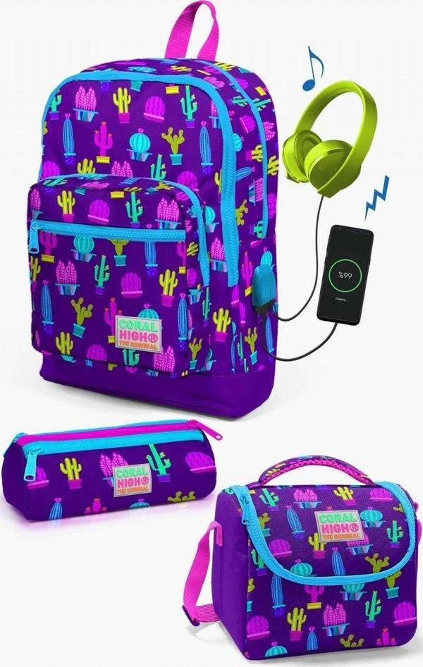 Coral High Kids Mor Pembe Kaktüs Desenli USB'li 3’lü Okul Çanta Seti - Kız Çocuk - Image 1