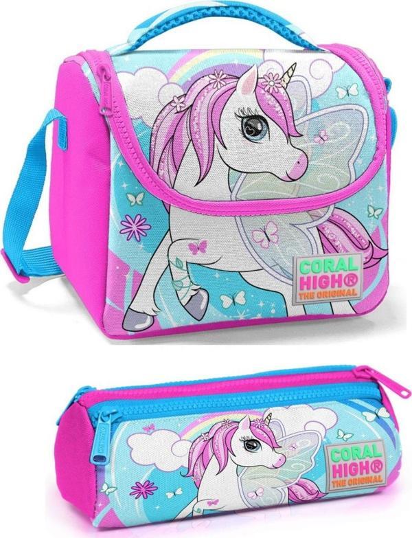 Coral High Kız Çocuk Pembe Mavi Unicorn Beslenme Çantası Seti - Image 1