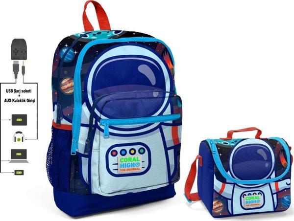 Coral High Mavi Astronot Baskılı Okul Çantası ve Beslenme Çantası Seti - Erkek Çocuk - USB Soketli - Image 1