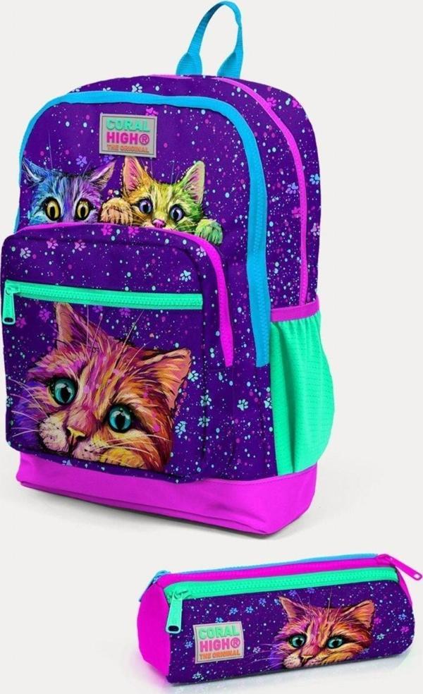 Coral High Kids Mor Pembe Kedi Desenli 2'li Okul Çanta Seti - Kız Çocuk - Image 1