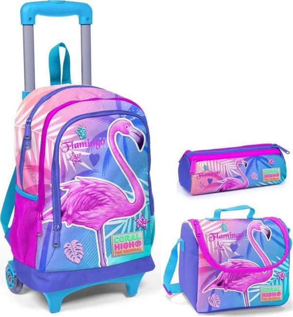 Coral High Mavi Flamingo Kız Çocuk Çekçek Çanta Seti - Işıklı Tekerlekler - Image 1