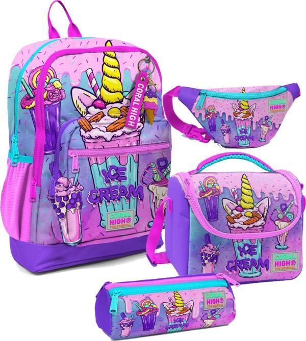 Coral High Kız Çocuk Pembe Mor Dondurma Desenli İlkokul Okul Çanta Seti ve Bel Çantası - Image 1