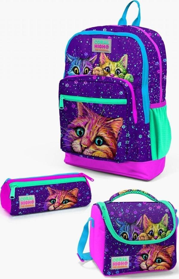 Coral High Kids Mor Pembe Kedi Desenli 3’lü Okul Çanta Seti - Image 1