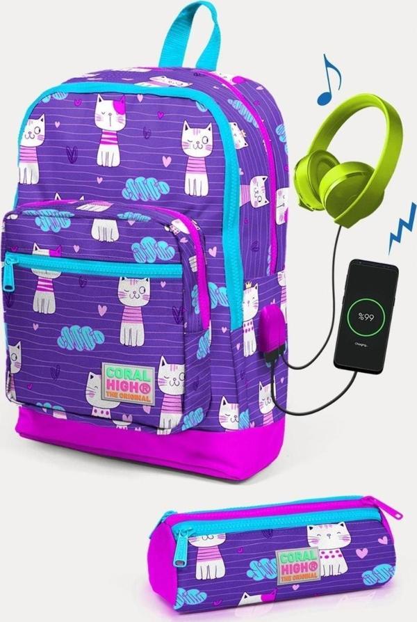 Coral High Kids Mor Pembe Kedi Desenli USB'li 2'li Okul Çanta Seti - Kız Çocuk - Image 1