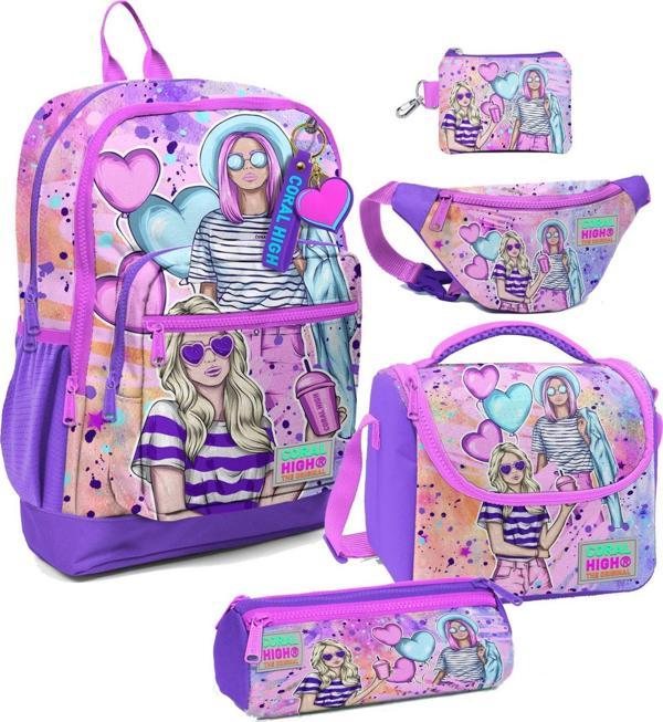 Coral High Kız Çocuk Pembe Mor Fashion Girl Desenli Beşli İlkokul Okul Çanta Seti - Image 1