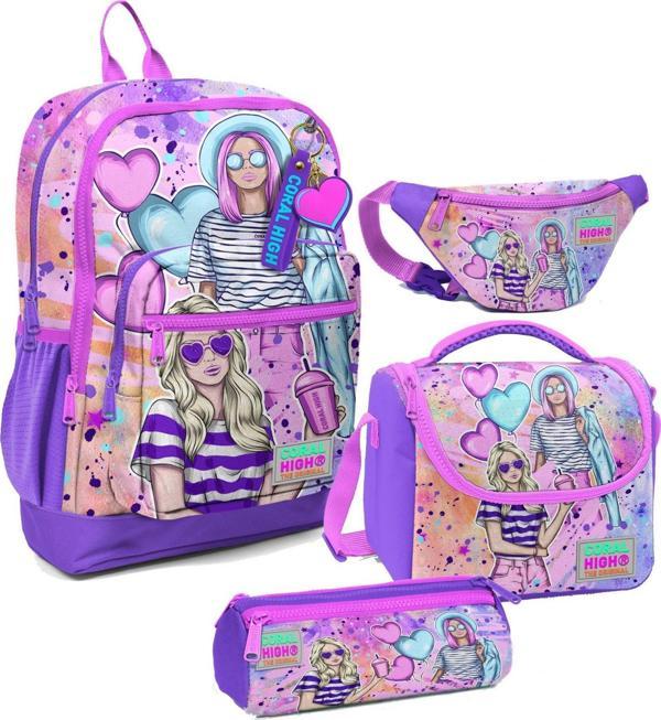 Coral High Kız Çocuk Pembe Mor Fashion Girl Desenli İlkokul Okul Çanta Seti ve Bel Çantası - Image 1