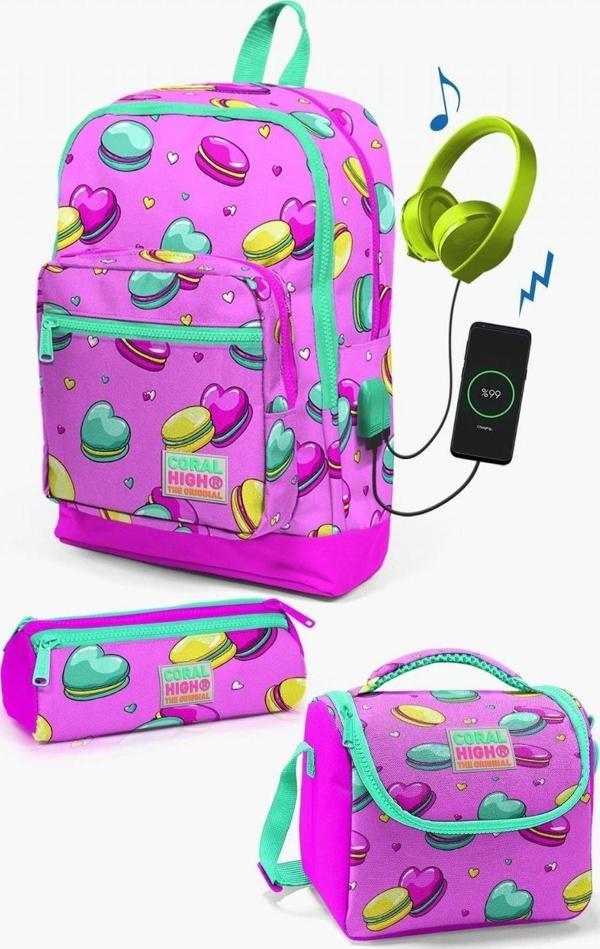Coral High Kids Açık Pembe Su Yeşili Makaron Desenli USB'li 3’lü Okul Çanta Seti - Kız Çocuk - Image 1
