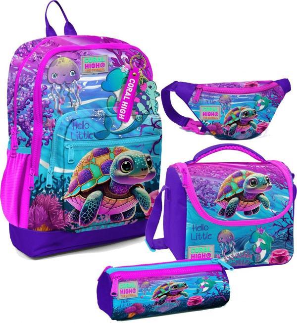 Coral High Kız Çocuk Pembe Mor Kaplumbağa Desenli İlkokul Okul Çanta Seti ve Bel Çantası - Image 1