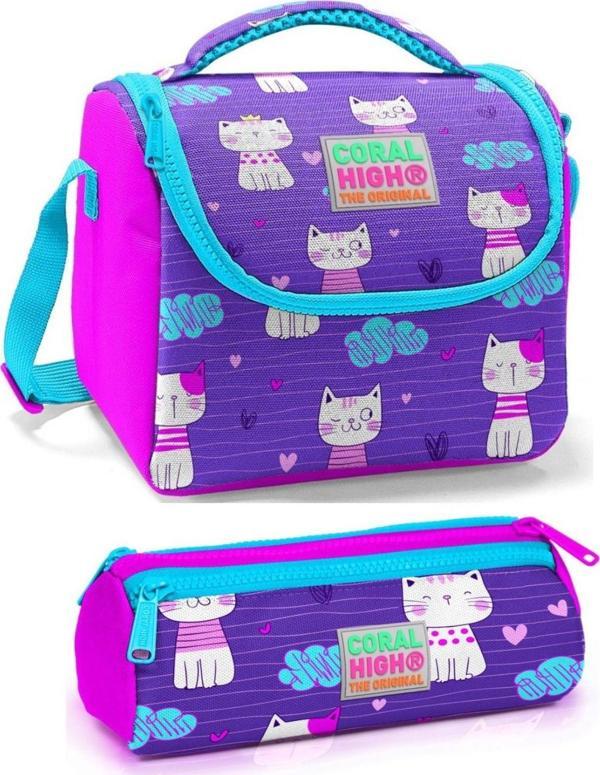 Coral High Kız Çocuk Pembe Mor Kedi Beslenme Çantası Seti - Image 1