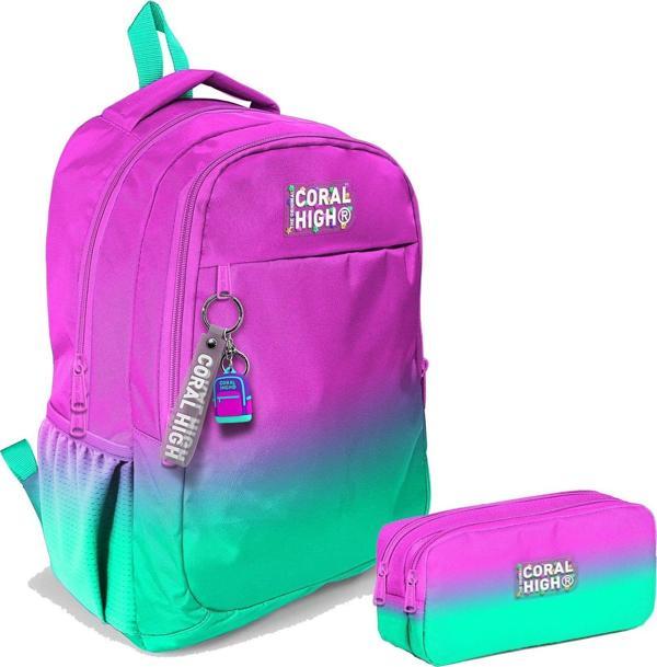 Coral High Kız Çocuk Pembe Su Yeşili Renk Geçişli İlkokul ve Ortaokul Sırt Çantası ve Kalemlik Seti - Image 1