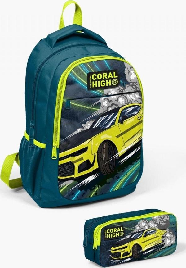 Coral High Kids Nefti Fosforlu Sarı Araba Desenli 2'li Okul Çanta Seti - Erkek Çocuk - Image 1