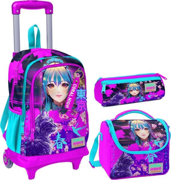 Coral High Mor Pembe Anime Kedi Üçlü Çekçek Işıklı Tekerlekli Çanta Seti - Kız Çocuk - Image 1