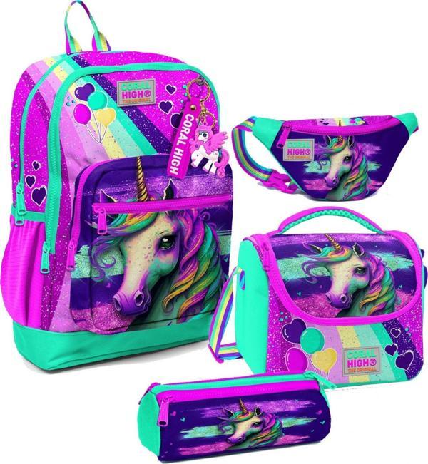 Coral High Kız Çocuk Pembe Su Yeşili Unicorn Desenli İlkokul Okul Çanta Seti ve Bel Çantası - Image 1