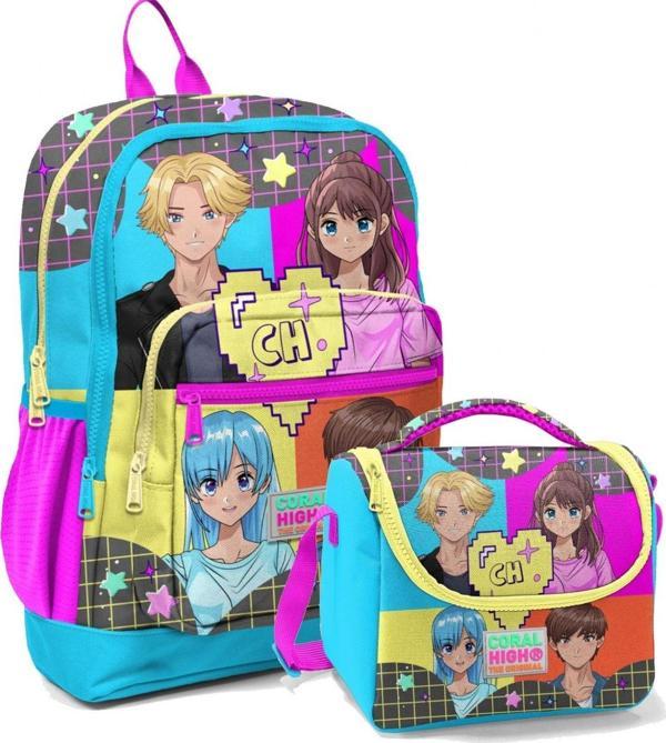 Coral High Mavi Pembe Anime Okul Sırt ve Beslenme Çantası Seti - Kız Çocuk - Dört Bölmeli - Image 1