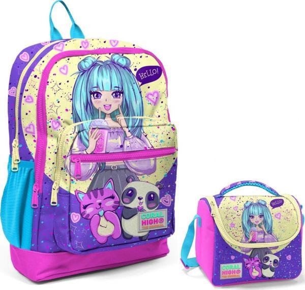 Coral High Mor Pembe Anime Okul Sırt ve Beslenme Çantası Seti - Image 1