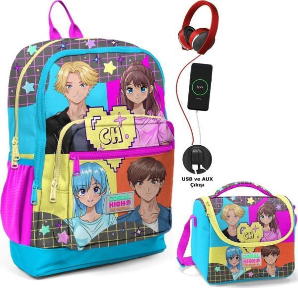 Coral High Mavi Pembe Anime Okul ve Beslenme Çantası Seti - Usb Soketli - Kız Çocuk - Image 1