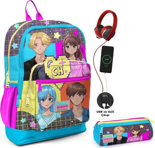 Coral High Mavi Pembe Anime USB Soketli Okul Çantası ve Kalemlik Seti - Kız Çocuk - Image 1