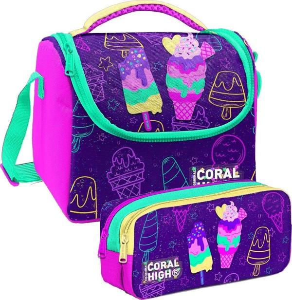 Coral High Mor Pembe Dondurma Desenli Kız Çocuk Isı Yalıtımlı Beslenme Çantası ve Kalemlik Seti - Image 1