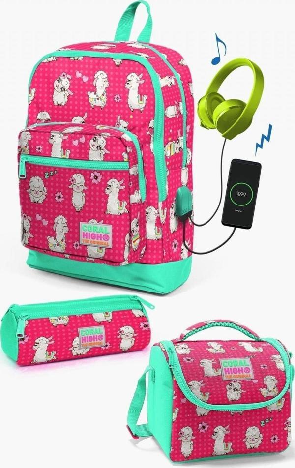 Coral High Kids Neon Mercan Su Yeşili Alpaka Desenli USB'li 3’lü Okul Çanta Seti - Kız Çocuk - Image 1