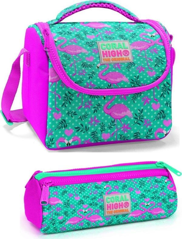 Coral High Kız Çocuk Pembe Yeşil Flamingo Beslenme Çantası Seti - Image 1