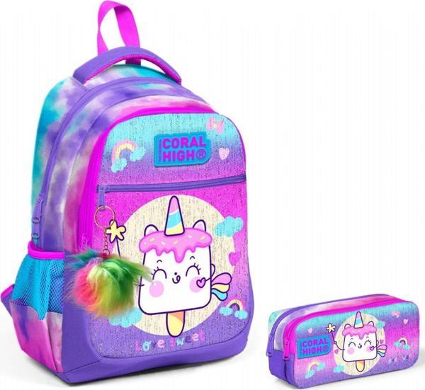 Coral High Mor Pembe Dondurma İlkokul Okul Sırt Çantası ve Kalemlik Seti - Image 1