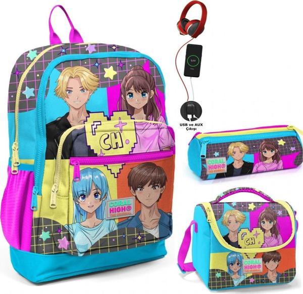 Coral High Mavi Pembe Anime USB Soketli Üçlü İlkokul Çanta Seti - Kız Çocuk - Image 1