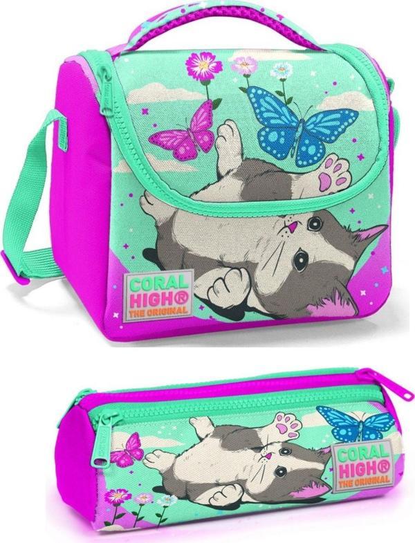 Coral High Kız Çocuk Pembe Yeşil Kedi Beslenme Çantası Seti - Image 1