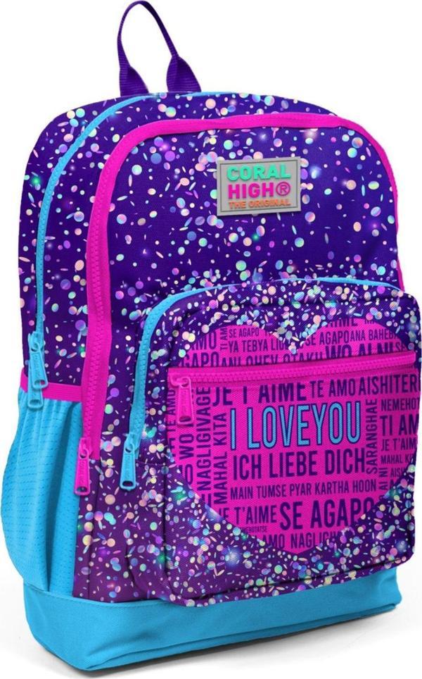 Coral High Mor Pembe Kalp İlkokul ve Günlük Sırt Çantası - Kız Çocuk - USB Soketli - Image 1