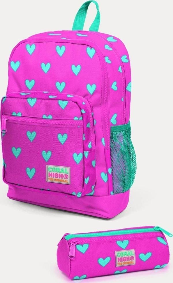 Coral High Kids Neon Pembe Su Yeşili Kalp Desenli 2'li Okul Çanta Seti - Kız Çocuk - Image 1