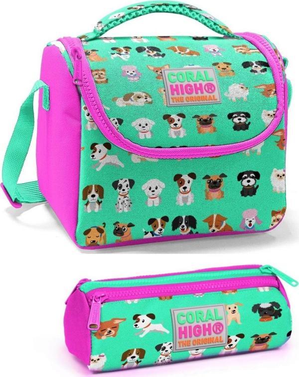 Coral High Kız Çocuk Pembe Yeşil Köpekler Beslenme Çantası Seti - Image 1
