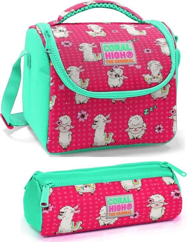 Coral High Kız Çocuk Pembe Yeşil Lama Beslenme Çantası Seti - Image 1