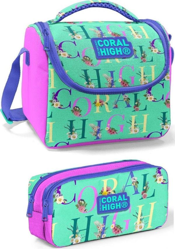Coral High Mor Pembe Su Yeşili Kız Çocuk Beslenme Çantası Seti - Image 1