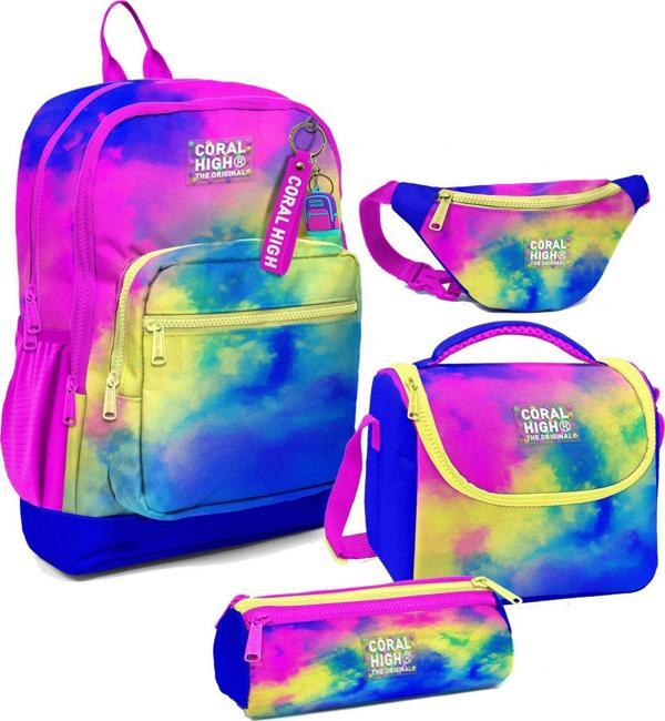 Coral High Kız Çocuk Renkli Batik Desenli İlkokul Okul Çanta Seti ve Bel Çantası - Image 1