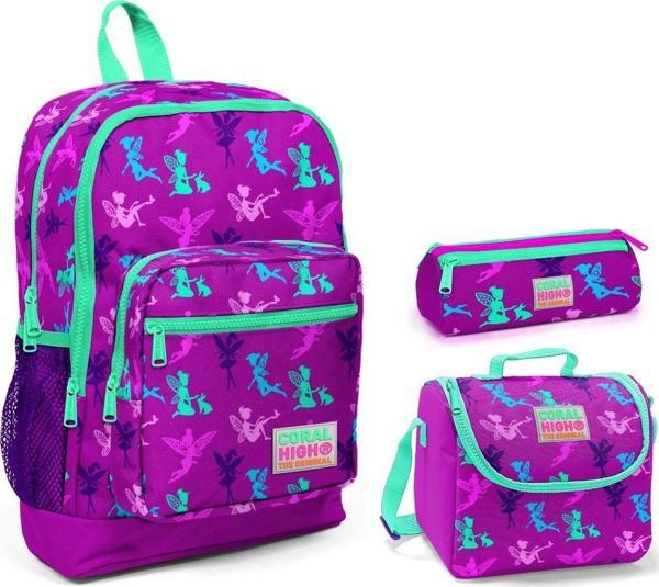Coral High Mor Peri Baskılı Kız Çocuk 3'lü İlkokul Çanta Seti - Image 1