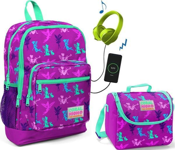 Coral High Mor Peri Baskılı Okul Çantası ve Beslenme Çantası Seti - Kız Çocuk - USB Soketli - Image 1