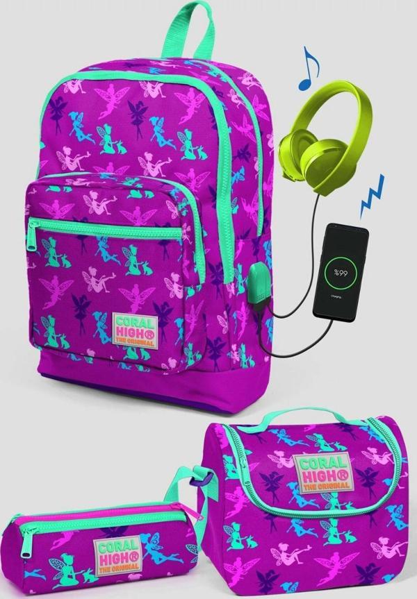 Coral High Mor Peri Desenli Okul Çanta Seti - Kız Çocuk - Image 1